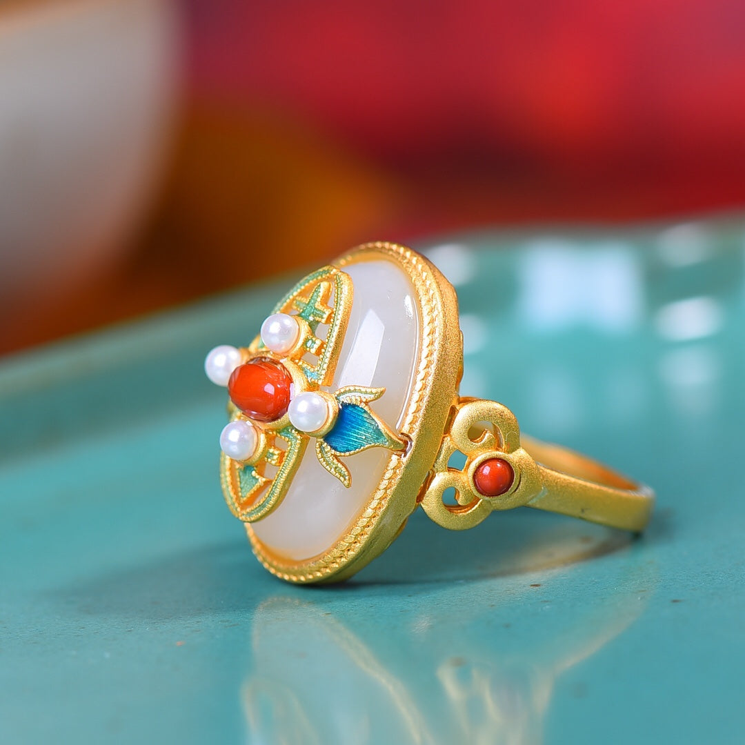 S925 Sterling Silver Enamel Nephrite Jade Cabochon Ring - Elegant Style