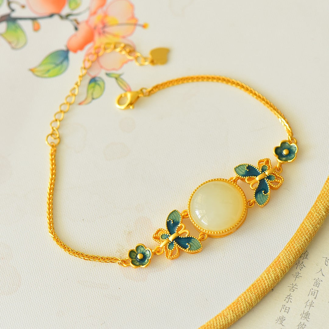 S925 Silver Nephrite Jade Bangle - Butterfly Love Enamel Artisan Style