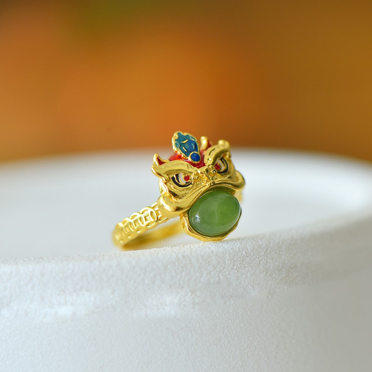 S925 Sterling Silver Nephrite Jade Lion Dance Cabochon Ring