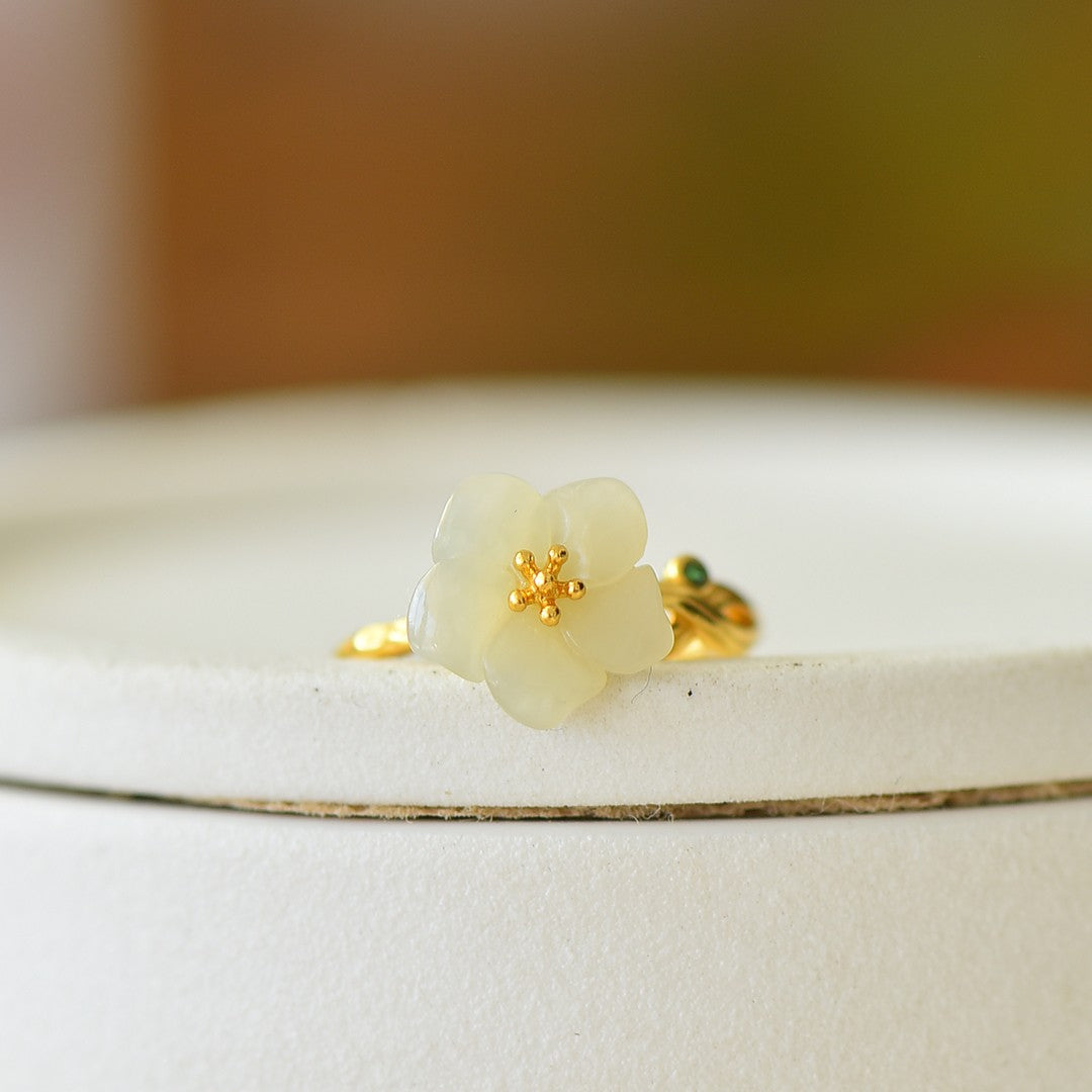 S925 Sterling Silver Nephrite Jade Five-Petal Flower Ring with Zirconia