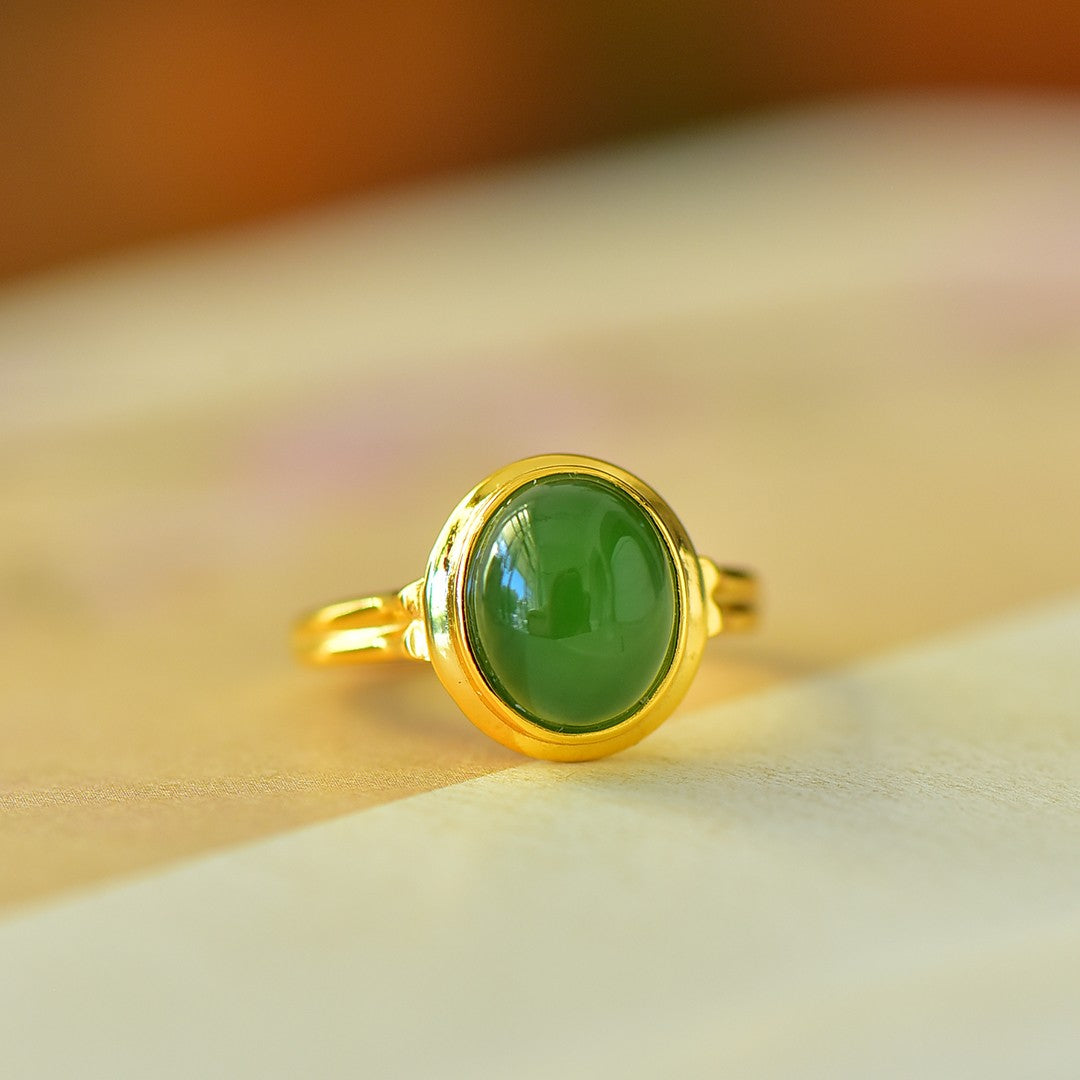 S925 Silver Enamel Nephrite Jade Cabochon Ring - Simple Style