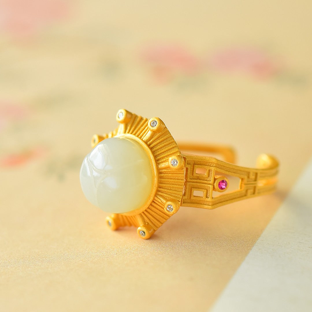 S925 Sterling Silver Nephrite Jade Moonlight Pavilion Design Ring