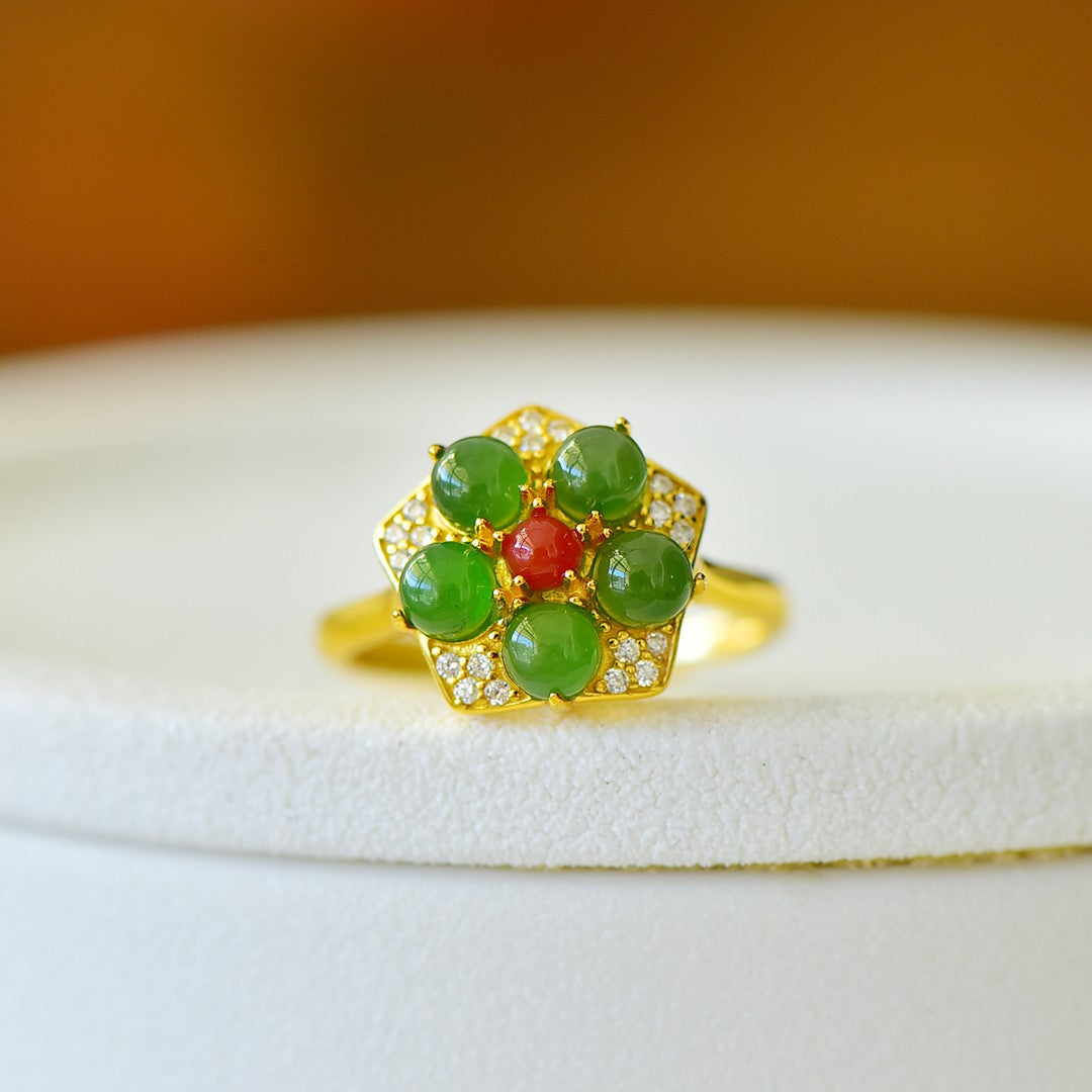 S925 Sterling Silver Nephrite Green Jade Five-Petal Flower Ring