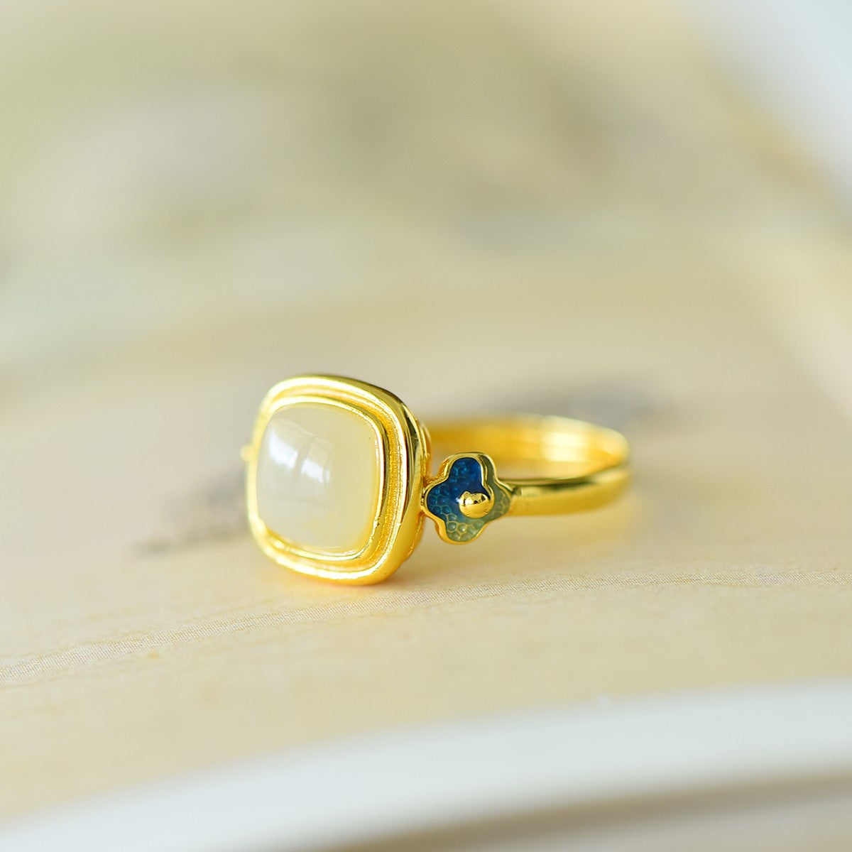 S925 Sterling Silver Enamel Nephrite Jade Ring - Cloud & Auspicious