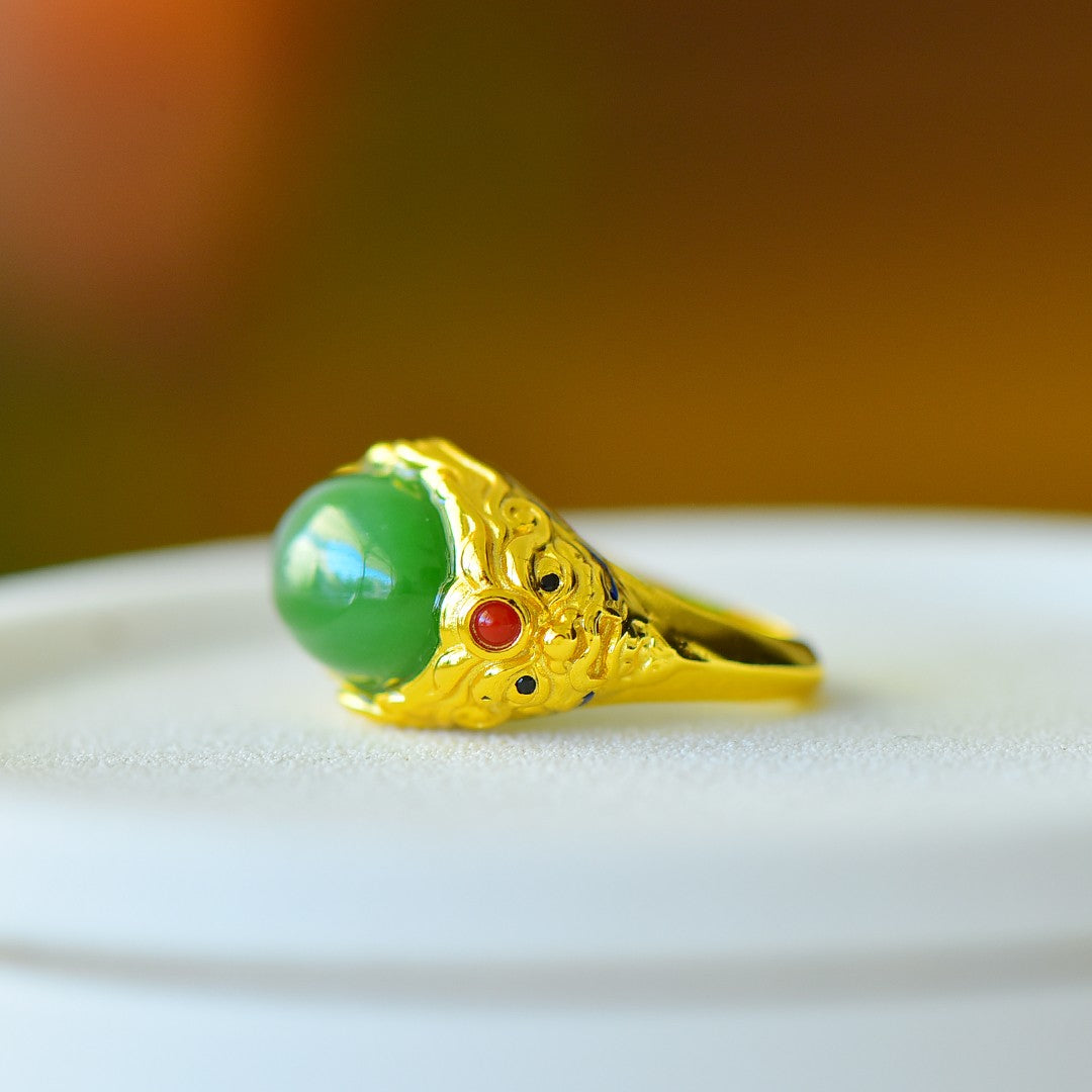 S925 Silver Enamel Nephrite Green Jade Peace & Longevity Ring