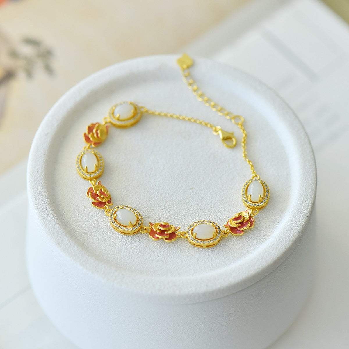 S925 Silver Nephrite Jade Bangle - Lotus Ruyi Enamel Fine Jewelry