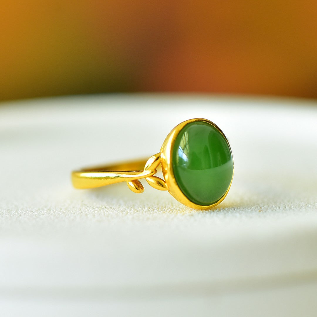 S925 Silver Nephrite Green Jade Success Ring - Elegant Design