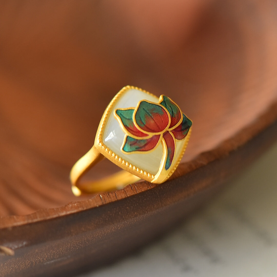 S925 Silver Enamel Nephrite Jade Lotus Luck Ring - Artisan Design