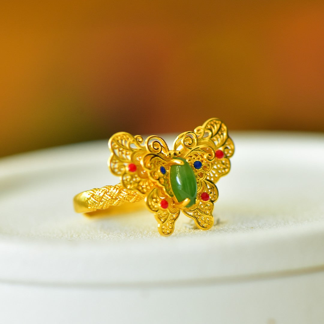 S925 Silver Enamel Nephrite Green Jade Dream Butterfly Ring