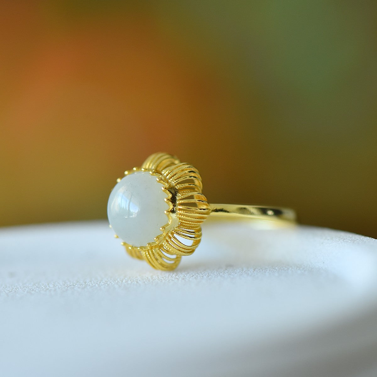 S925 Silver Nephrite Jade Hollow-out Round Drum Ring - Artisan Design