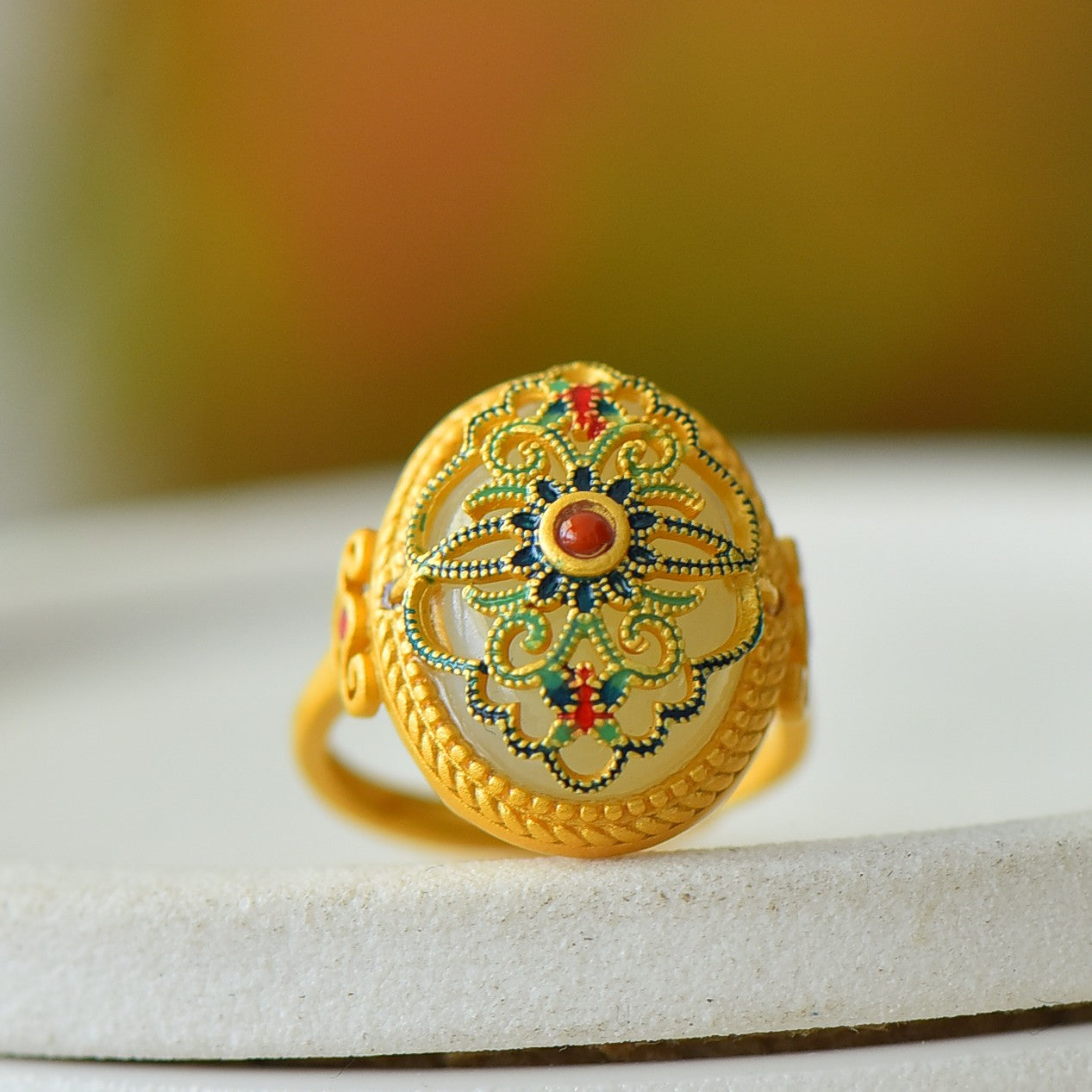 S925 Silver Enamel Nephrite Jade Prosperity Ring - Elegant Style