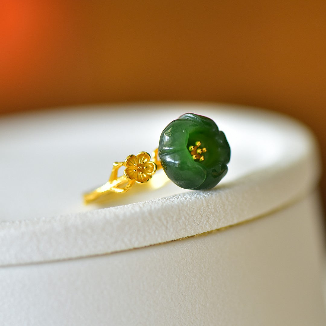 S925 Silver Nephrite Green Jade Lotus Flower Ring - Pure Silver Style