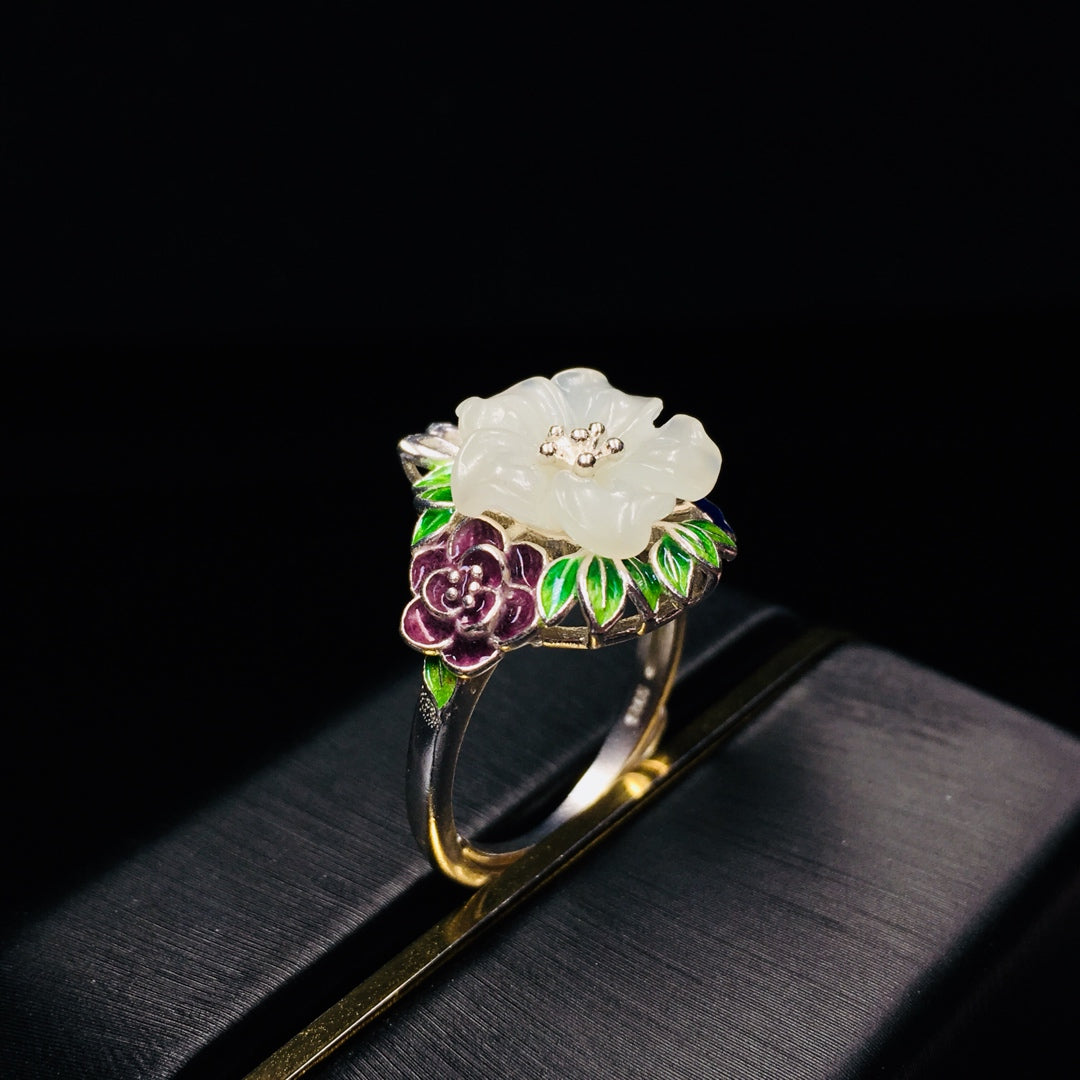 S925 Silver Enamel Nephrite Jade Five-Petal Flower Ring - New Trend