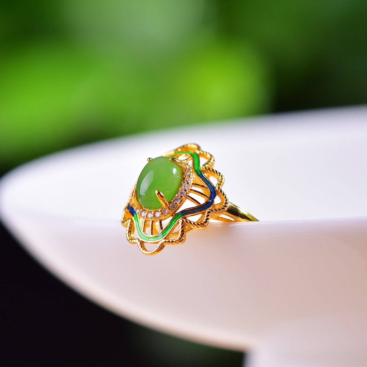 S925 Sterling Silver Nephrite Jade Filigree Cabochon Ring