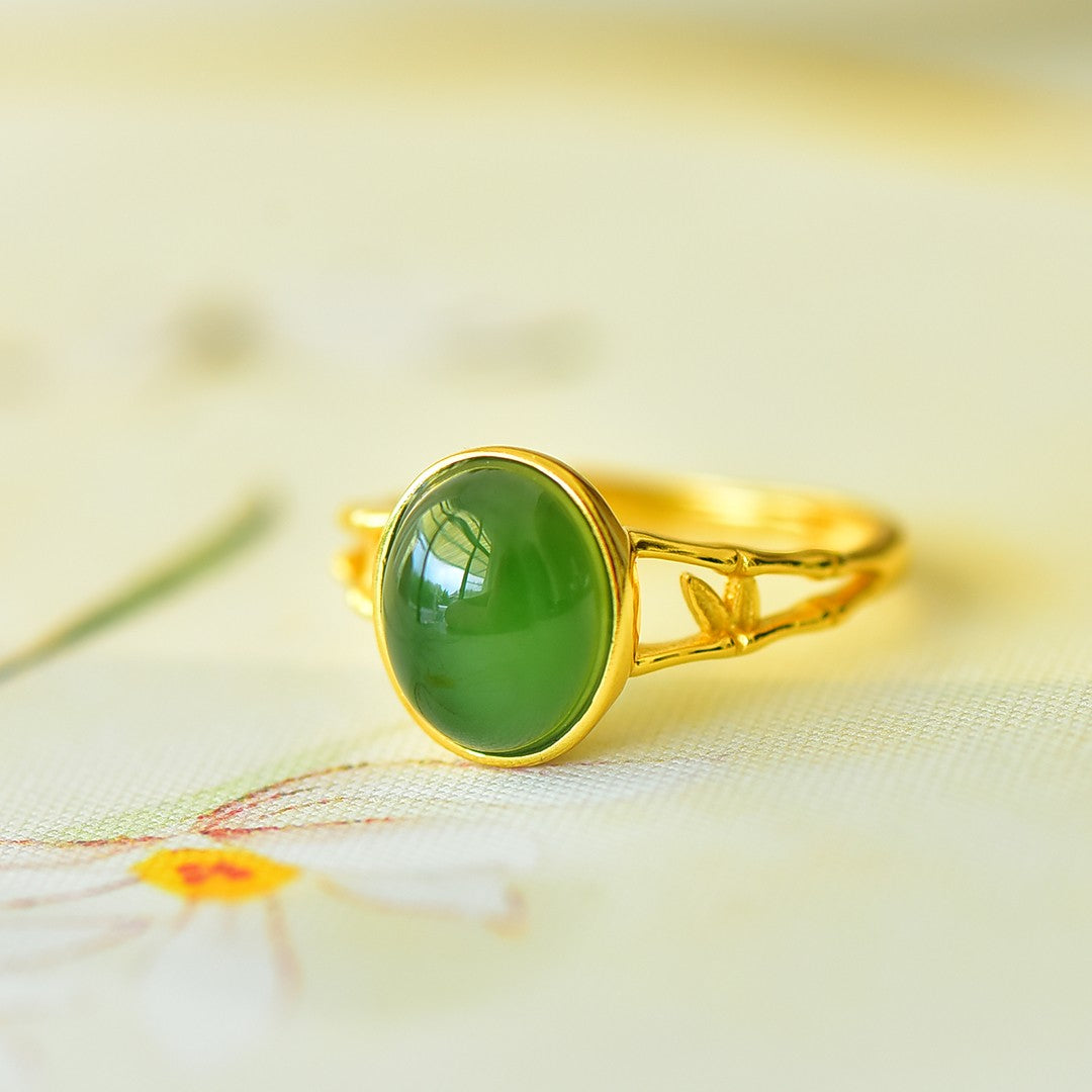 S925 Sterling Silver Nephrite Green Jade Rising Success Bamboo Ring