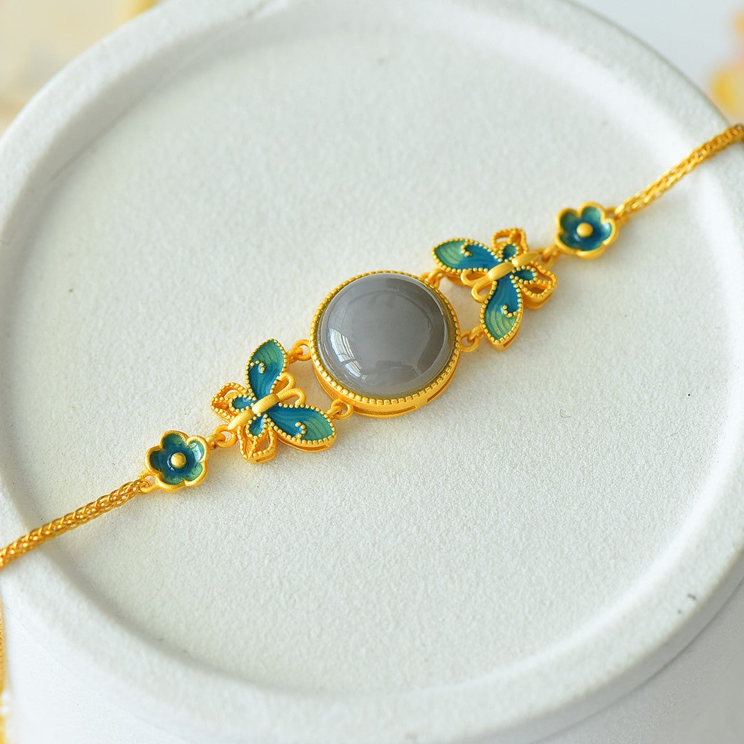 S925 Sterling Silver Smoky Jade Bangle - Butterfly Love Enamel Design