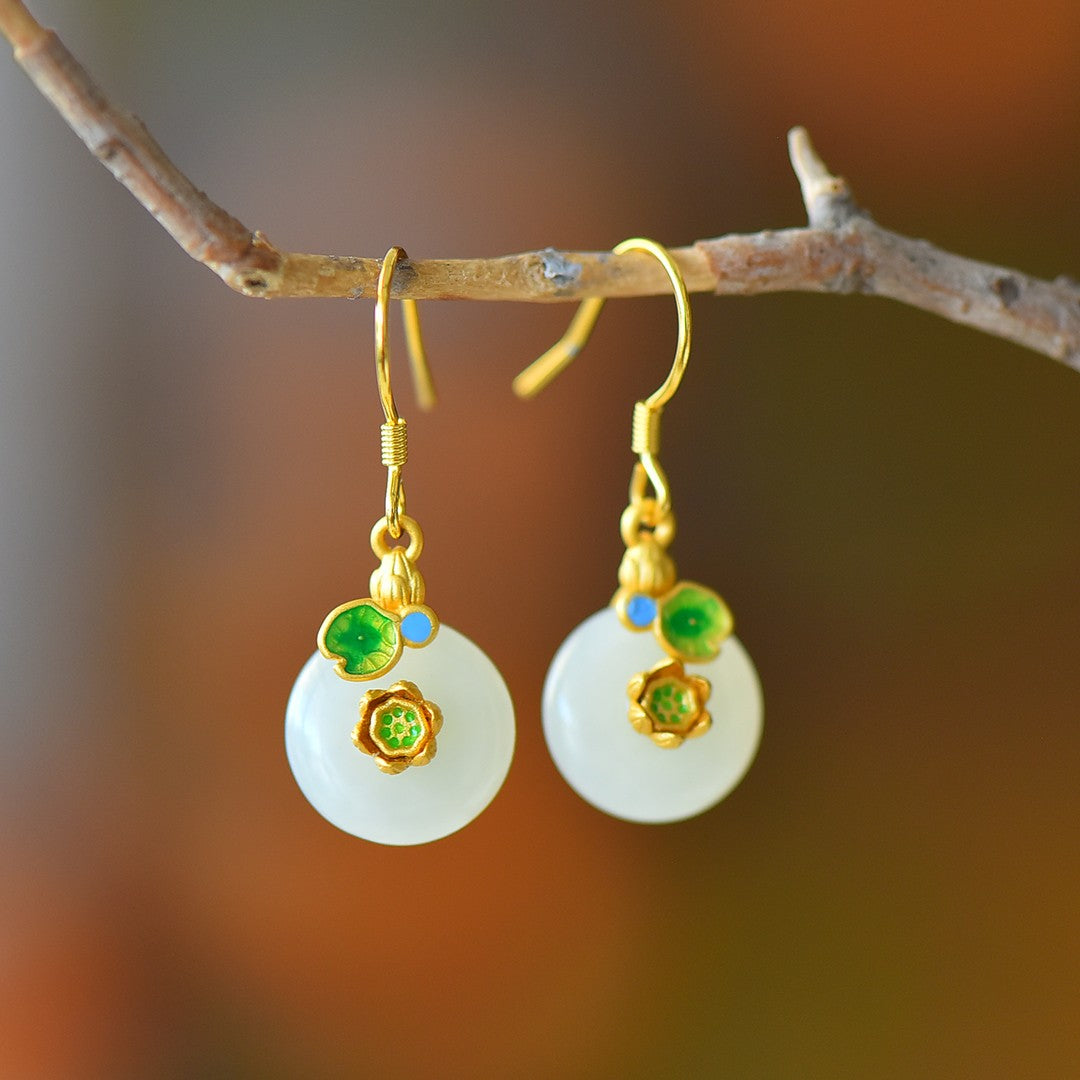 S925 Sterling Silver Nephrite Jade Lotus Steps Jewelry Set