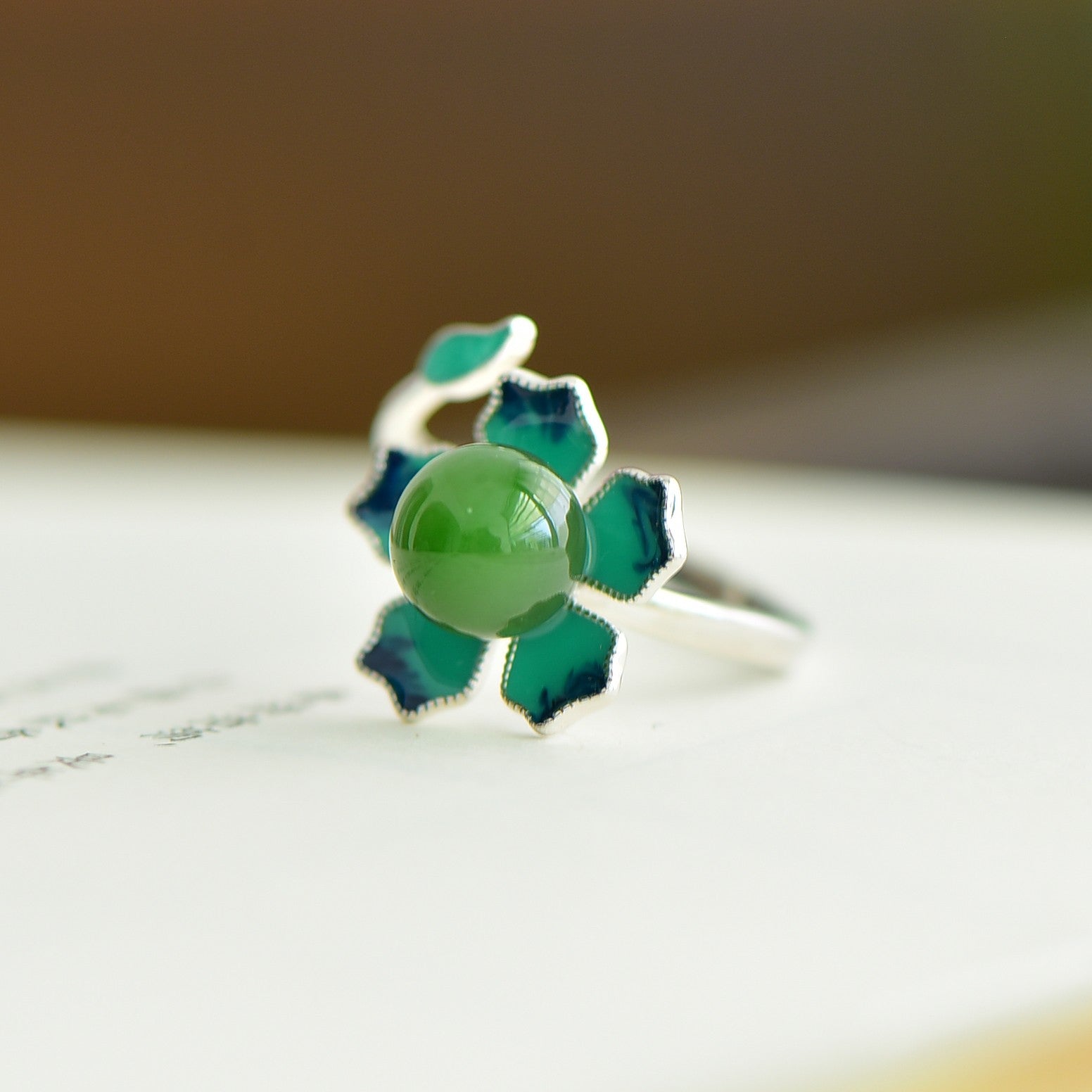 S925 Sterling Silver Nephrite Green Jade Lotus Enamel Ring
