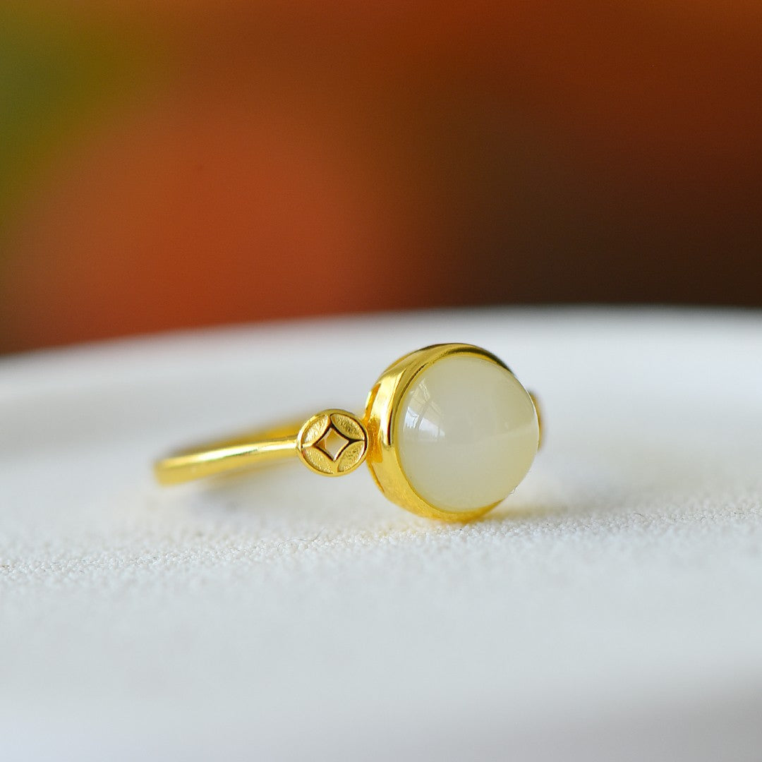S925 Sterling Silver Nephrite Jade Prosperity Ring - Success Motif