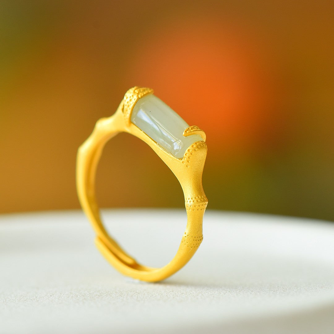 S925 Sterling Silver Nephrite Jade Bamboo Joint Ring
