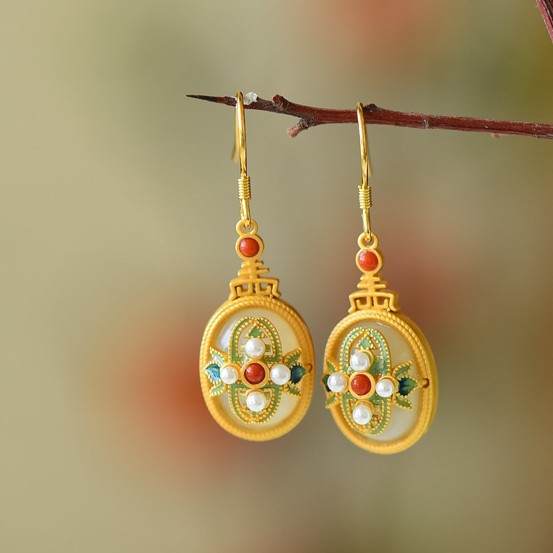 S925 Silver Ancient Method Enamel Nephrite Jade Jewelry Set