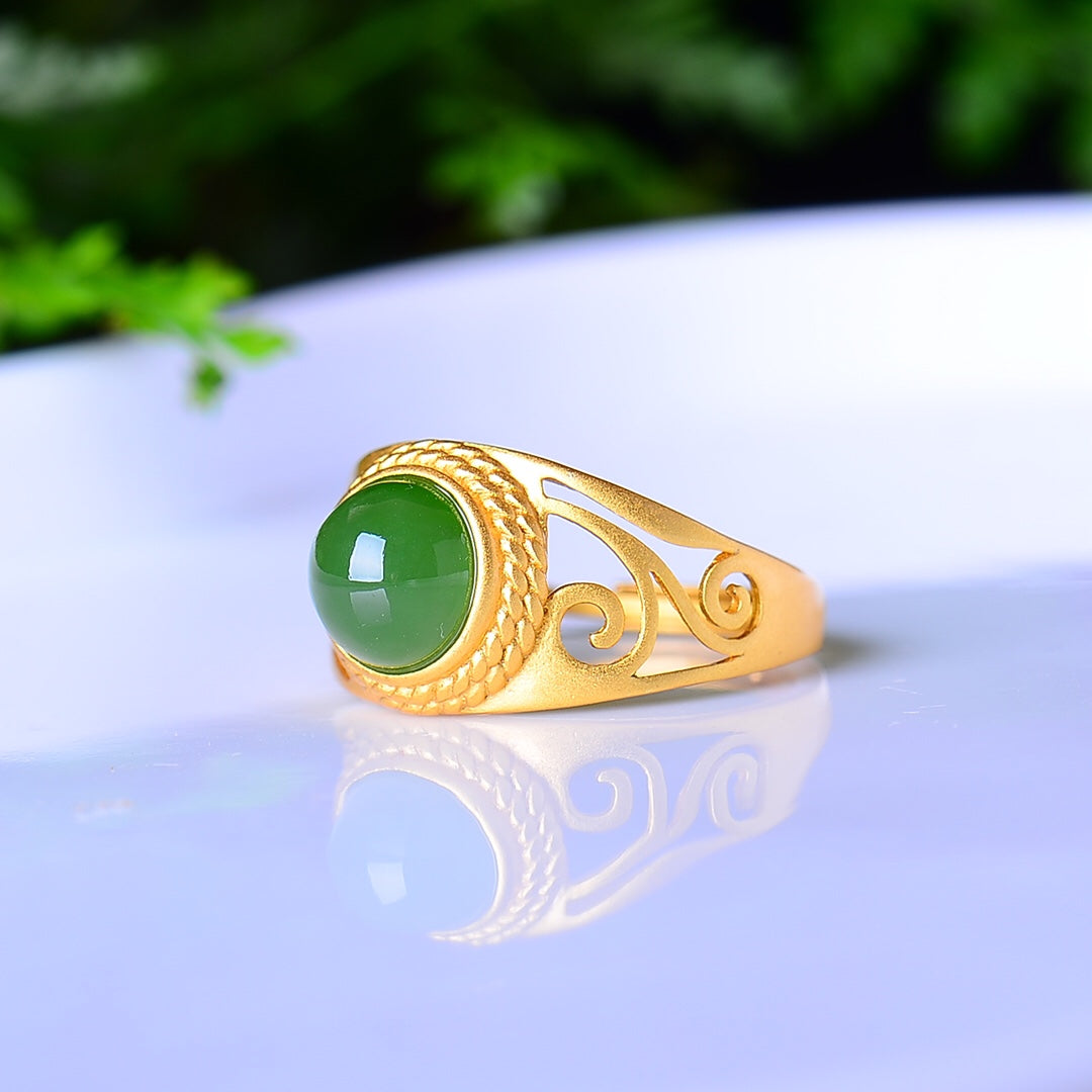 S925 Silver Nephrite Green Jade Frosted Cabochon Ring - Elegant Style