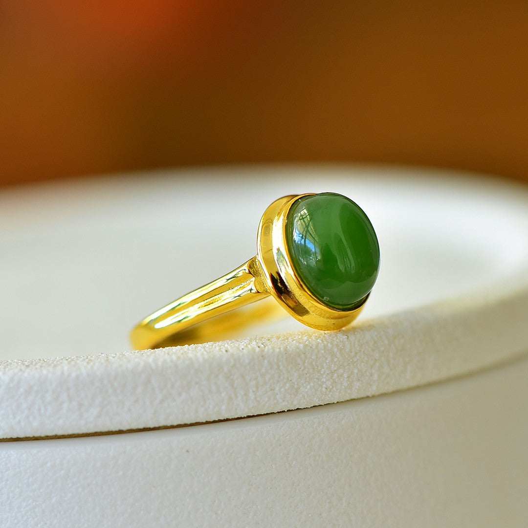 S925 Silver Enamel Nephrite Jade Cabochon Ring - Simple Style