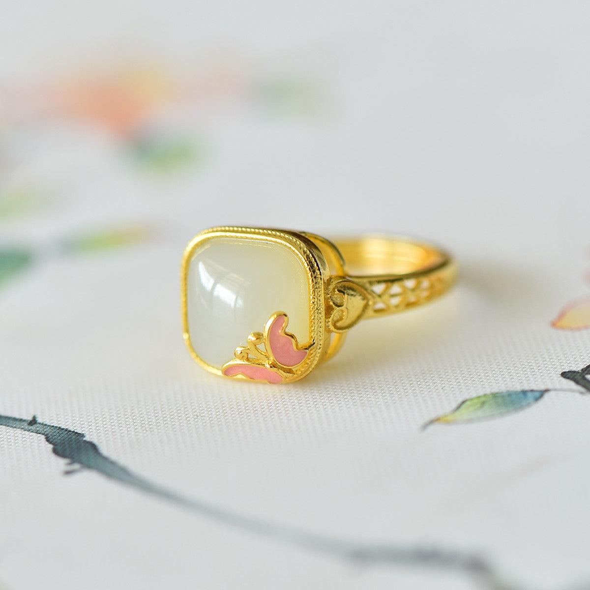 S925 Sterling Silver Enamel Nephrite Jade Butterfly Square Drum Ring