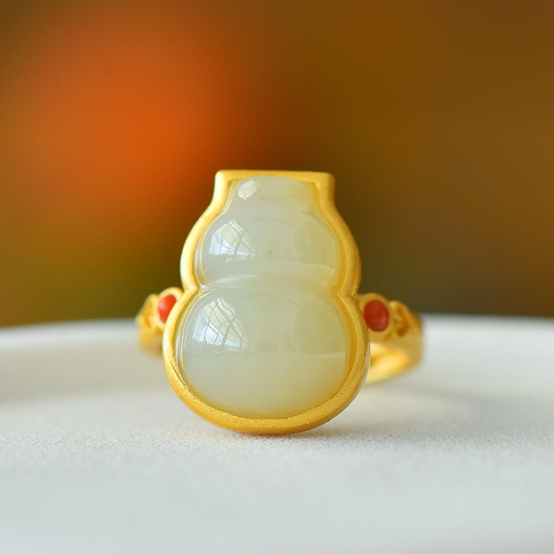 S925 Silver Nephrite White Jade Gourd Hulu Ring - Elegant Simple