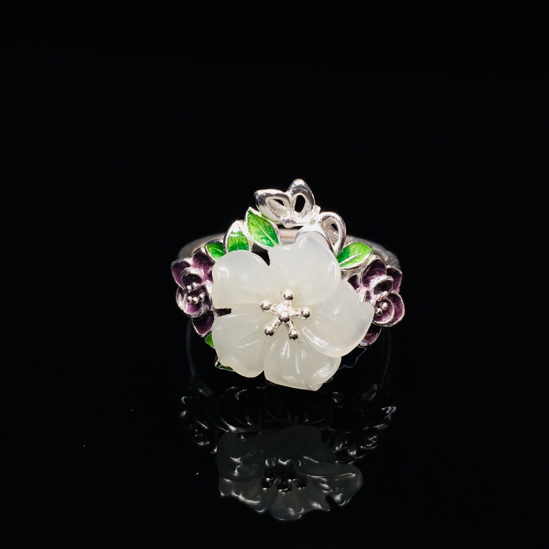 S925 Silver Enamel Nephrite Jade Five-Petal Flower Ring - New Trend