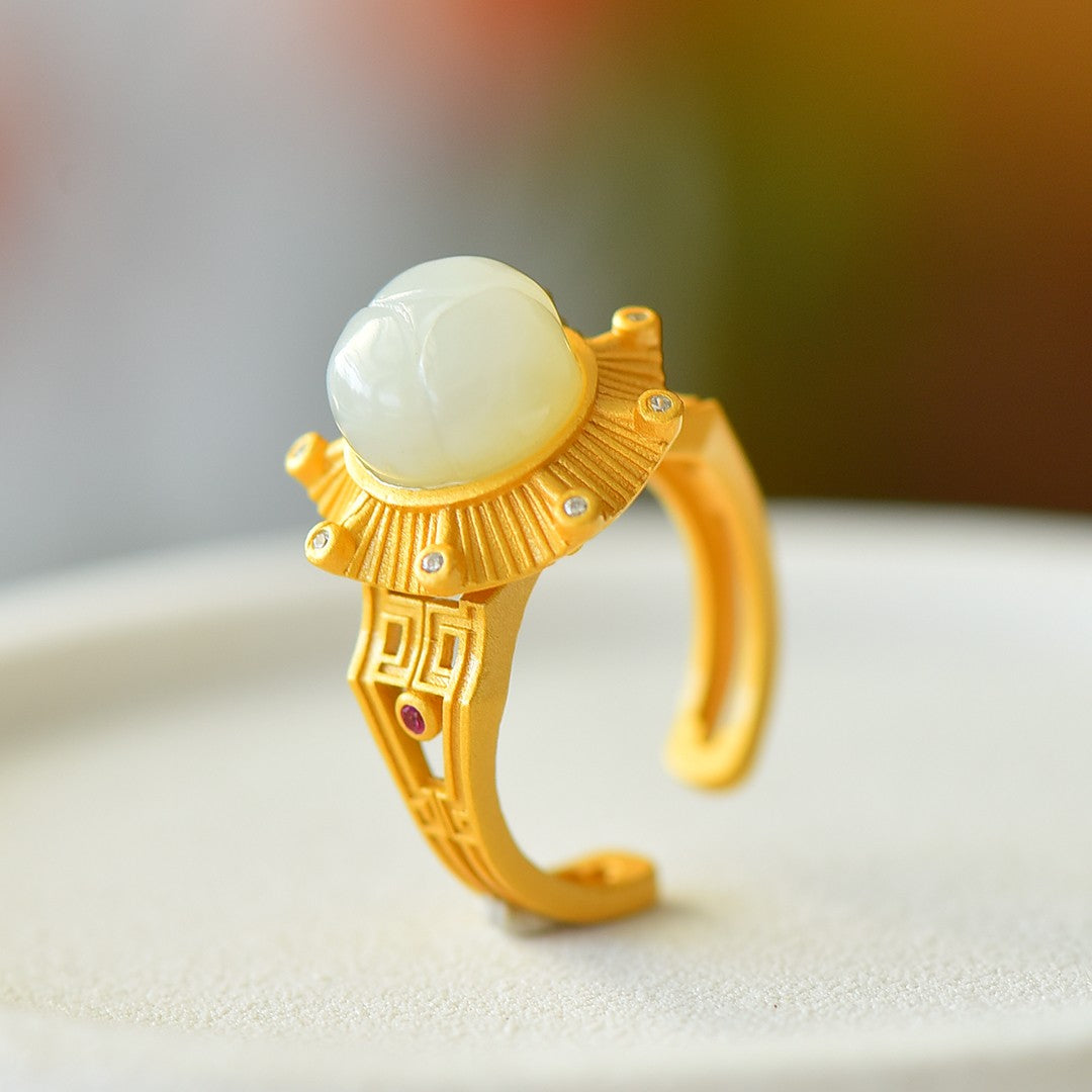 S925 Sterling Silver Nephrite Jade Moonlight Pavilion Design Ring