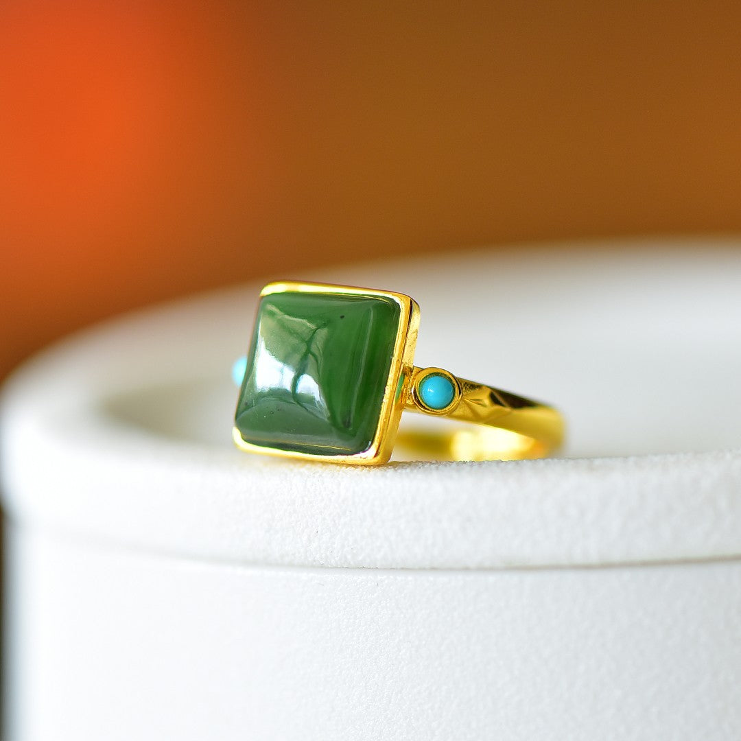 S925 Sterling Silver Nephrite Green Jade Elegant Square Ring