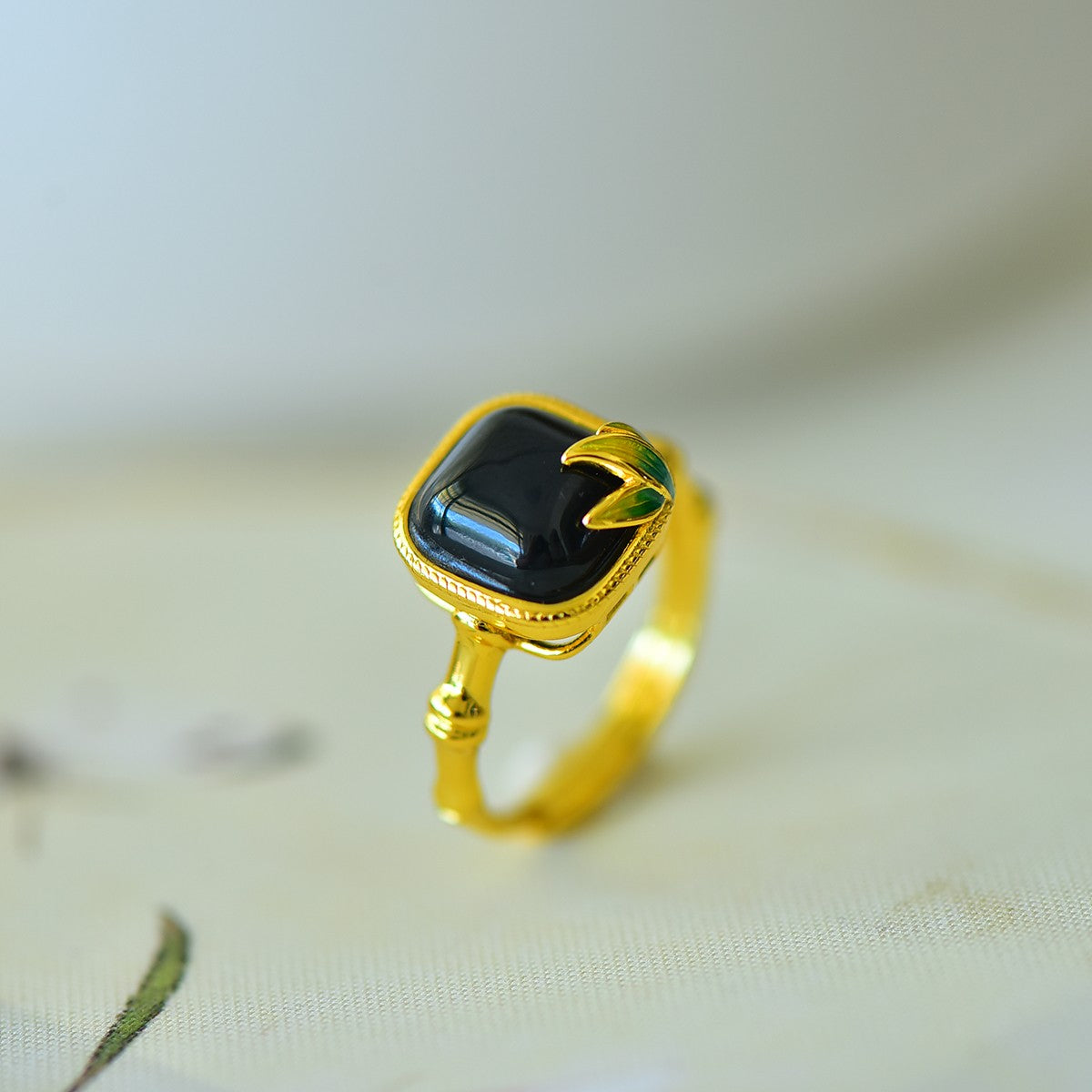 S925 Sterling Silver Nephrite Black Jade Sugar Cube Bamboo Ring