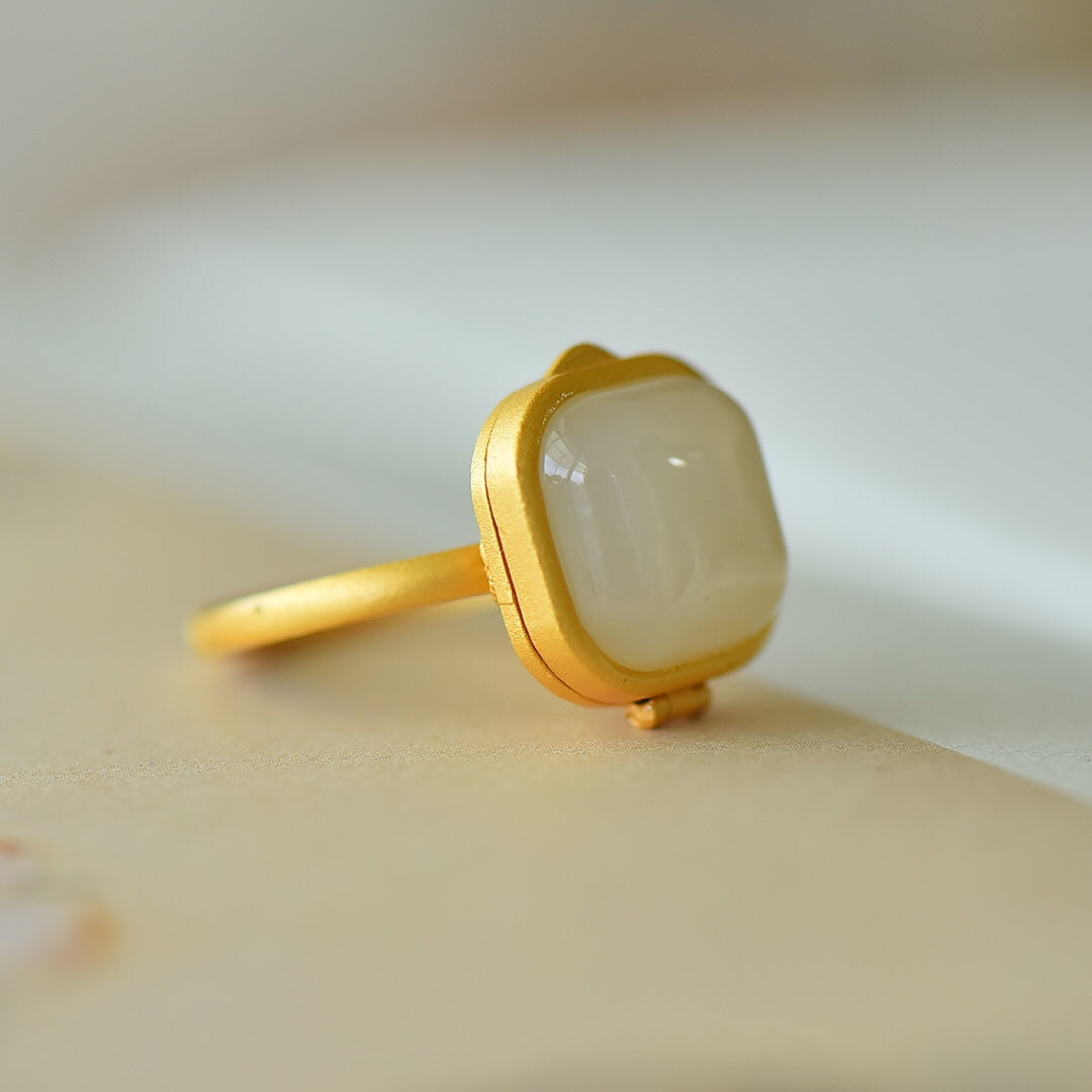 S925 Silver Nephrite Jade Sachet Box Ring - Unique Design