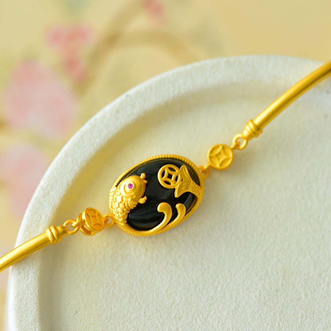S925 Sterling Silver Black Jade Bangle - Year of Fish Fine Texture