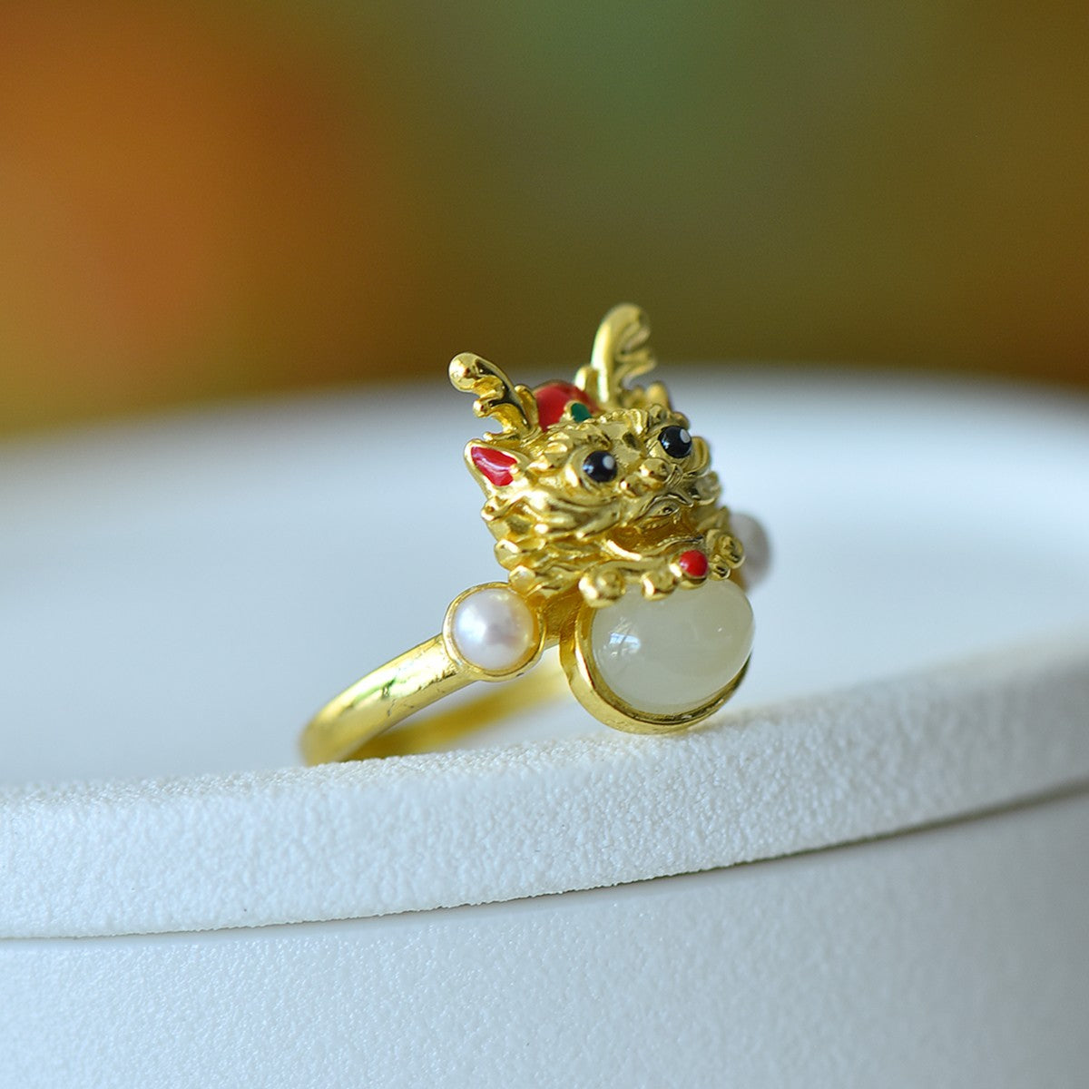 S925 Sterling Silver Nephrite Jade Dragon Cabochon Ring - Unique Style