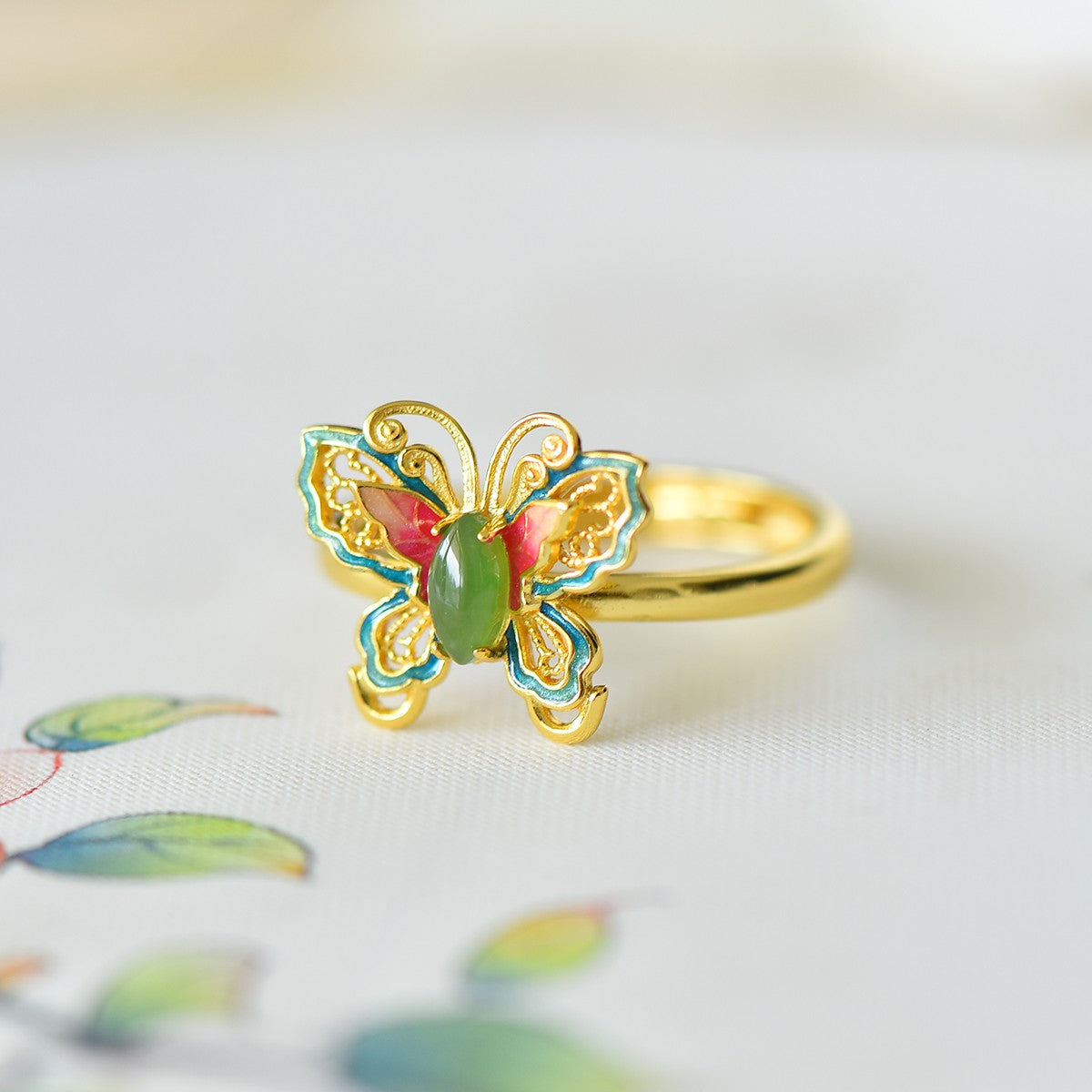 S925 Silver Enamel Nephrite Jade Butterfly Marquise Ring - Unique Design
