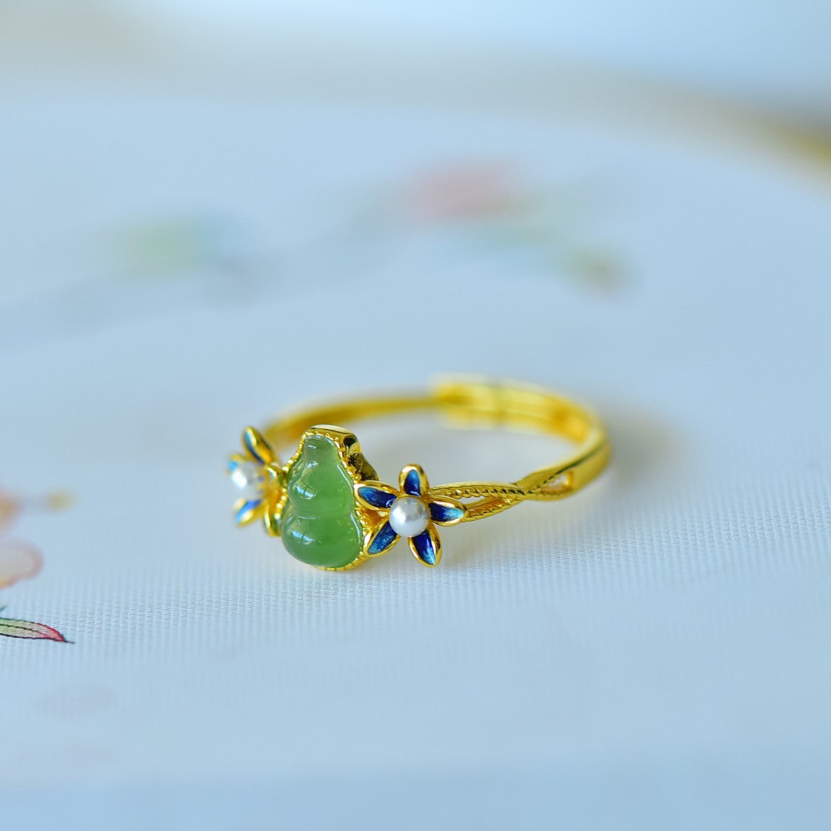S925 Silver Nephrite Jade Gourd & Orchid Ring - Unique Design