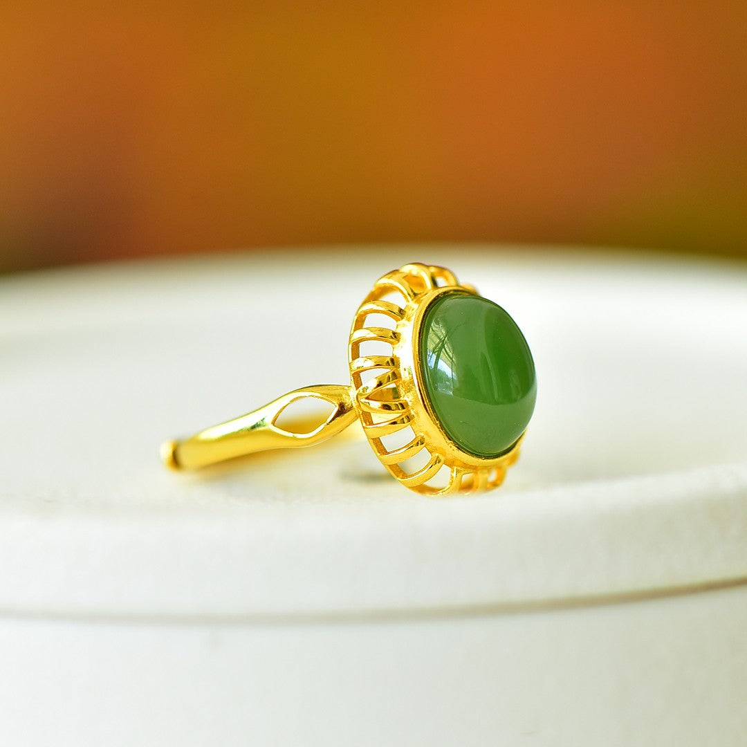 S925 Sterling Silver Enamel Nephrite Jade Cabochon Ring - Modern Style