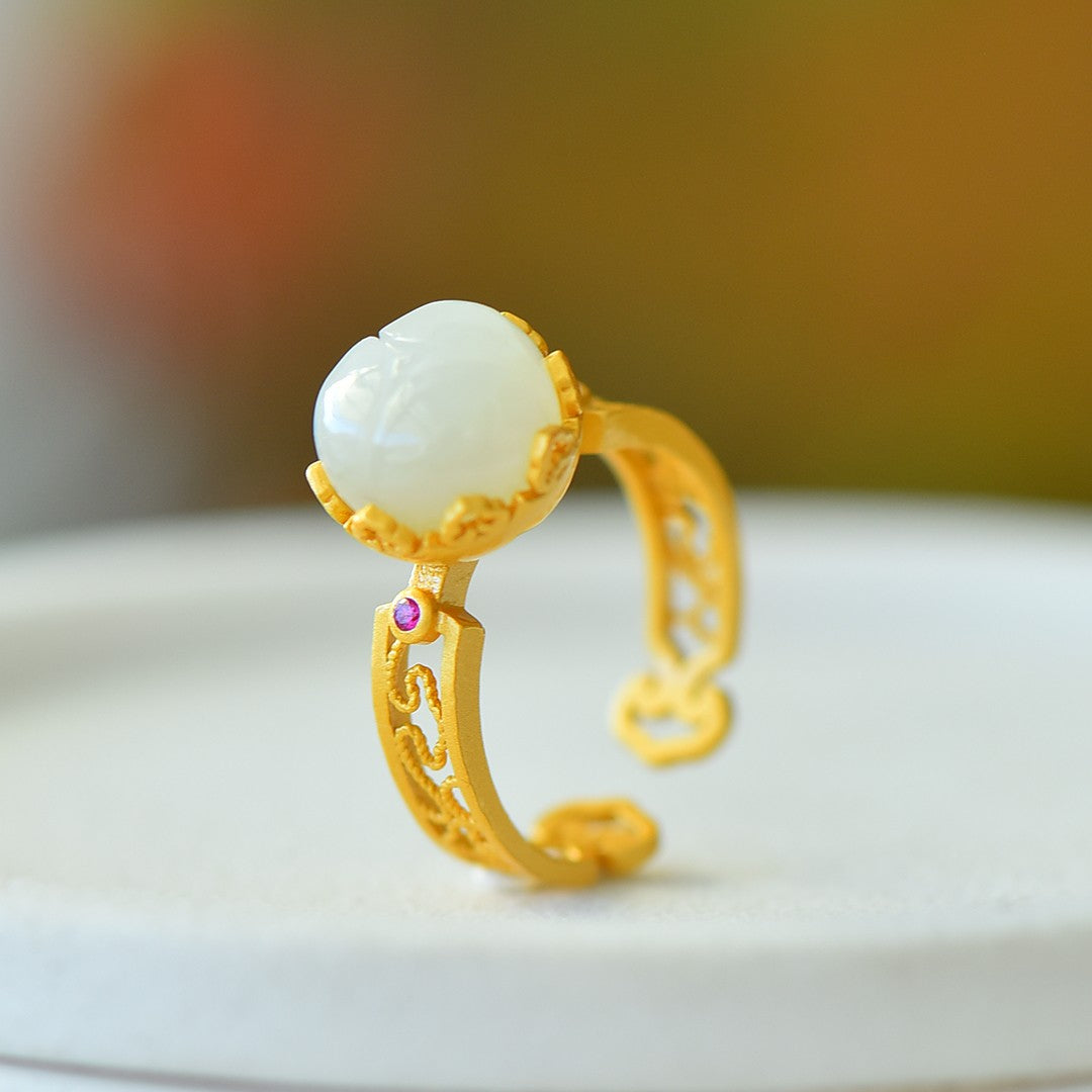 S925 Sterling Silver Nephrite Jade Lotus Bud Ring - Elegant Simple