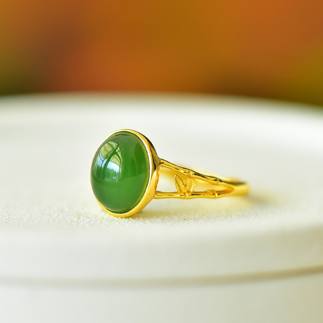 S925 Sterling Silver Nephrite Green Jade Rising Success Bamboo Ring