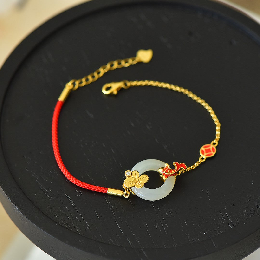 S925 Silver Enamel Nephrite Jade Bangle - Year of Fish Artisan Style