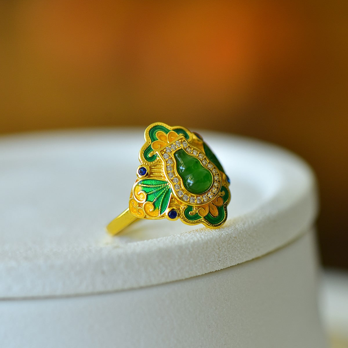 S925 Sterling Silver Nephrite Jade Full of Luck Gourd Ring