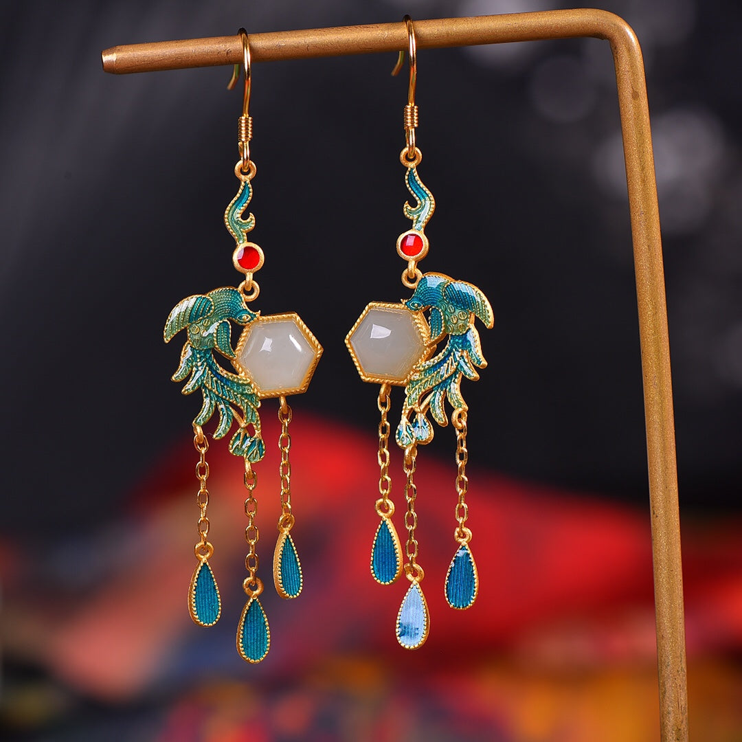 S925 Sterling Silver Ancient Method Enamel Nephrite Jade Jewelry Set