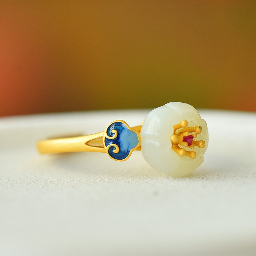 S925 Sterling Silver Enamel Nephrite White Jade Lotus & Cloud Ring