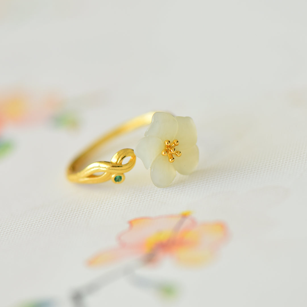 S925 Sterling Silver Nephrite Jade Five-Petal Flower Ring with Zirconia