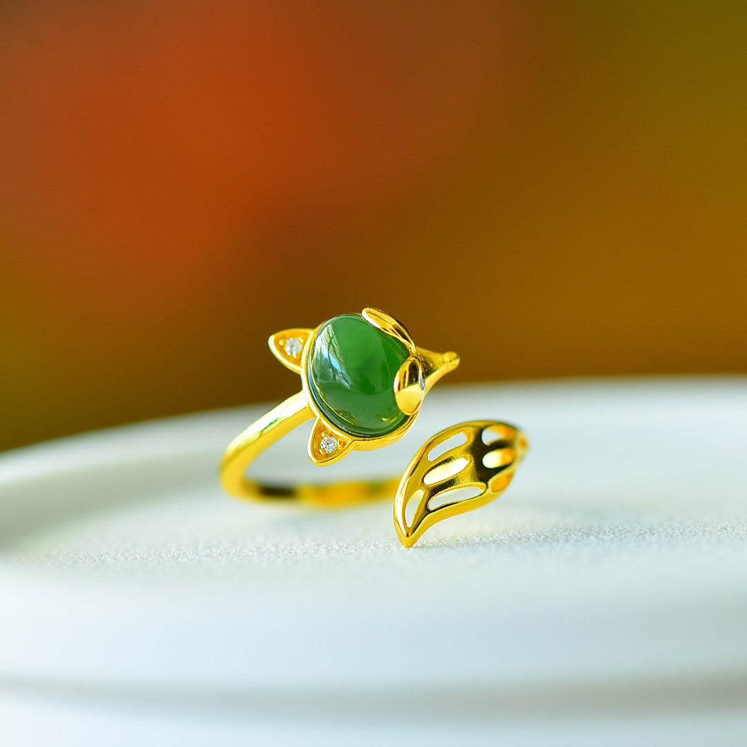 S925 Sterling Silver Nephrite Green Jade Fox Ring - Unique Luck Jewelry