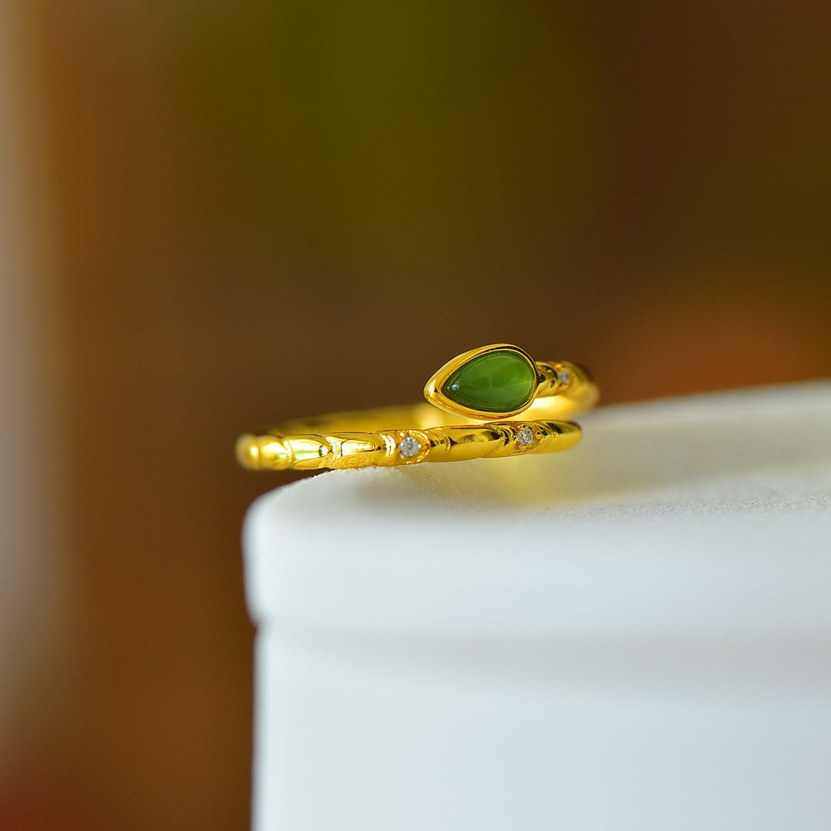 S925 Silver Nephrite Green Jade Water-drop Ring - Simple Style