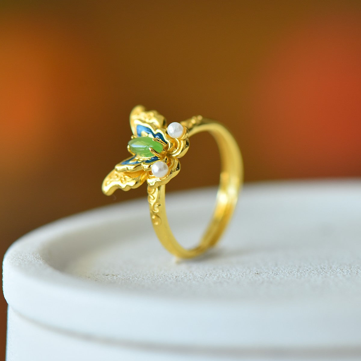 S925 Silver Nephrite Jade Butterfly Ring - Artisan Crafted
