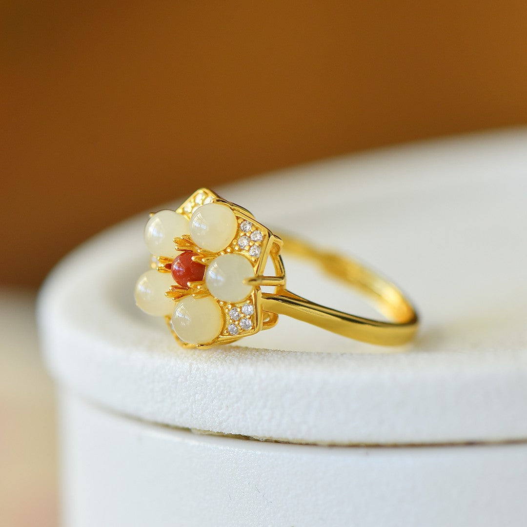 S925 Sterling Silver Nephrite Jade Five-Petal Flower Ring - Delicate